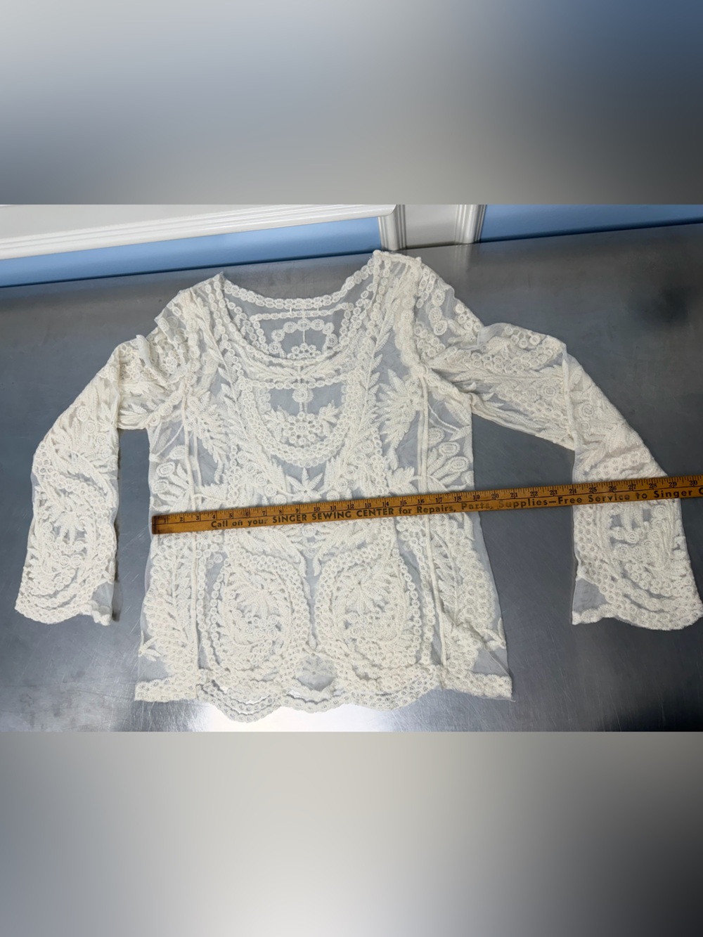 Ivory heavy Lace Long Sleeve Crochet Top - Picture 6 of 10